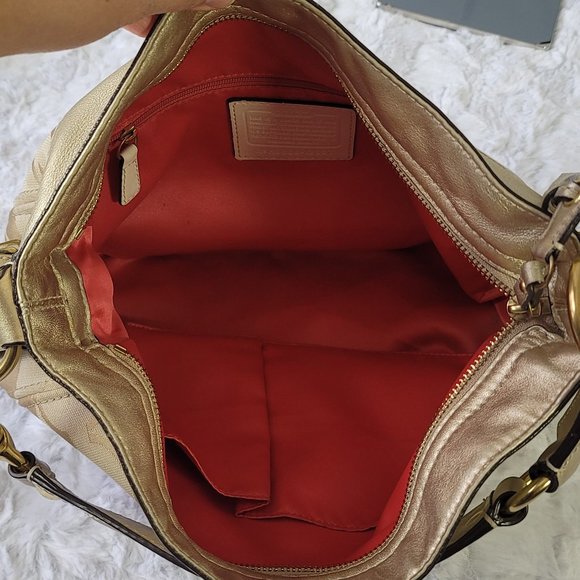 COACH Zoe Cream Gold Signature Print Canvas Leather Shoulder Bag - Picture 8 of 11